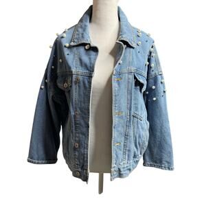 Forever 21 Pearl Embellished Oversized Denim Jacket Blue Size Small